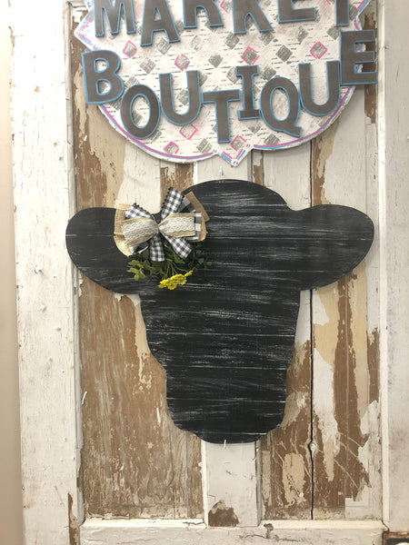 Farmhouse Cow Head Door Hanger- Black Shiplap